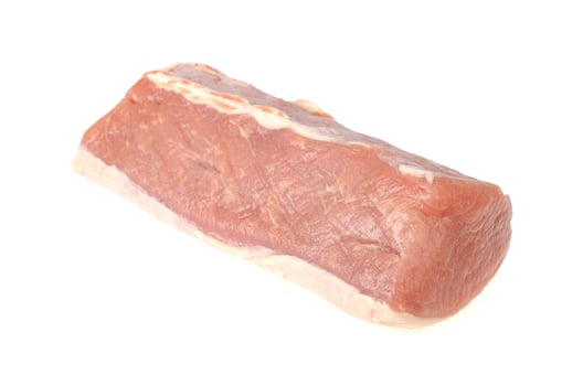 Fresh pink piece of raw pork meat, chop on white background. Studio Photo