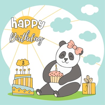 Hand drawn cute animals with lettering. Panda with gift, cake with candles, cupcake with candle. Happy Birthday. Vector. vector