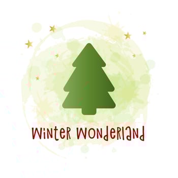 Green silhouette of a Christmas tree with golden snow on a watercolor background. Merry Christmas and Happy New Year 2022. Vector illustration. Winter Wonderland.