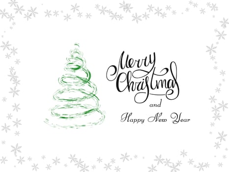 Handwritten black lettering on a white background. Magic green spiral Christmas treewith gray snowflakes. Merry Christmas and Happy New Year 2022. vector