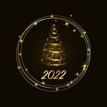 Magic sparkling golden Christmas tree with a bright glowing gold ring on a dark background. Merry Christmas and Happy New Year 2022. Vector illustration.