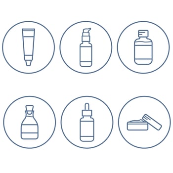 Organic cosmetics icons set. Cream, serum, ubtan, lotion, tonic, gel. Linear flat vector illustration