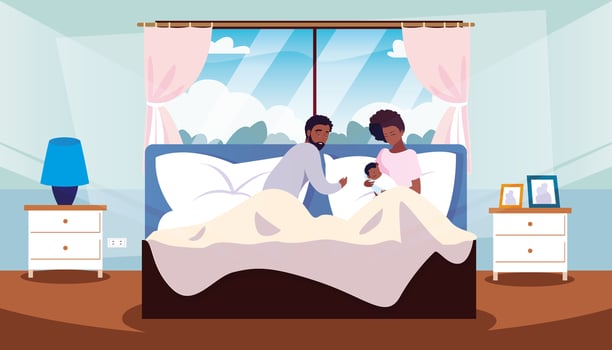 parents afro in bed with newborn inside room vector