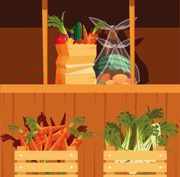 showcase wooden store with vegetables and fruits vector