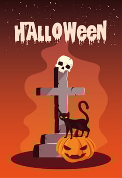 poster of halloween with cat and icons vector
