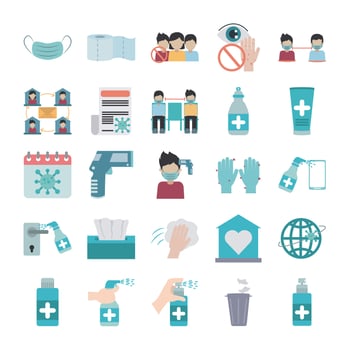 covid 19 coronavirus, prevention outbreak disease pandemic virus icons set flat design icon vector