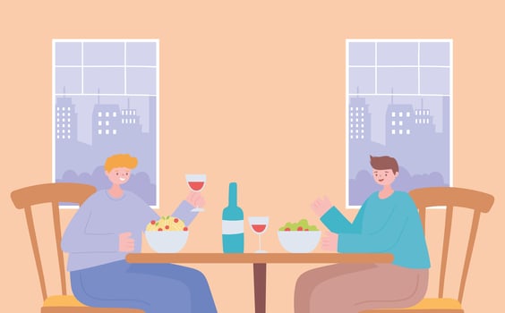 restaurant social distancing, men eating in table new normal life, covid 19 pandemic, prevention of coronavirus infection vector