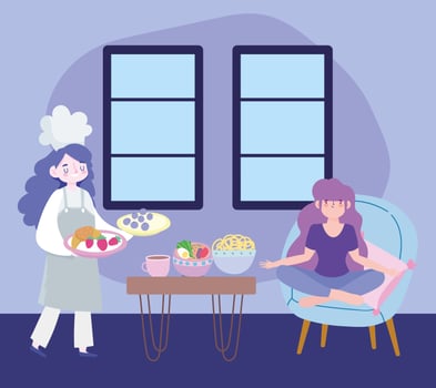 stay at home, female chef with different food and girl sitting on chair cartoon, quarantine activities vector