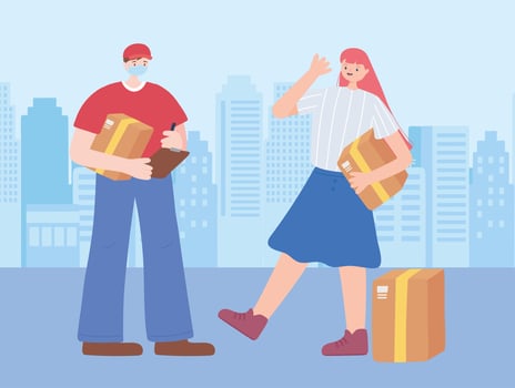 thank you essential workers, delivery man and customer with boxes, wearing face mask, coronavirus covid 19 disease vector