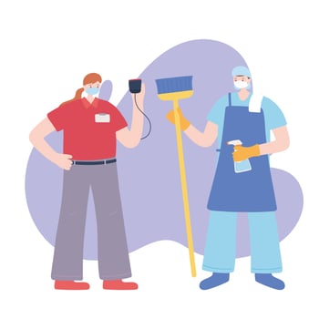thank you essential workers, cleaner man and delivery woman wearing face masks, various occupations, coronavirus covid 19 disease vector