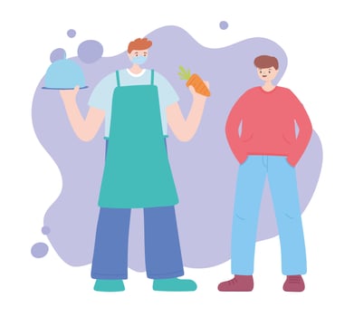 thank you essential workers, farmer with carrot platter and customer man, wearing face mask, coronavirus covid 19 disease vector