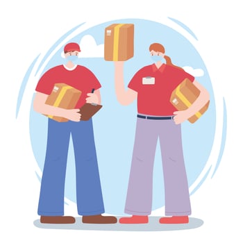 thank you essential workers, delivery man and woman with boxes, wearing face masks, coronavirus covid 19 disease vector