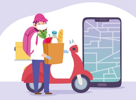 safe delivery at home during coronavirus covid 19, courier man with grocery bag scooter and smartphone vector