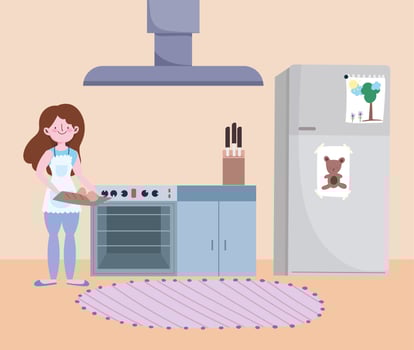 people cooking, girl with bread on tray in the kitchen vector
