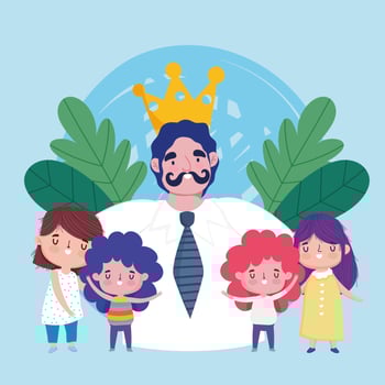 happy fathers day, dad with mustache crown and little kids celebration vector