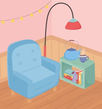 sweet home armchair lamp coffee cup kettle lights and wooden floor vector