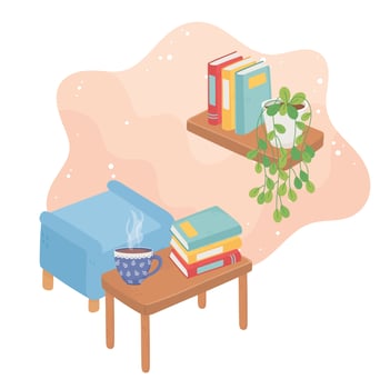 sweet home footrest stack of books coffee cup on table shelf decoration vector