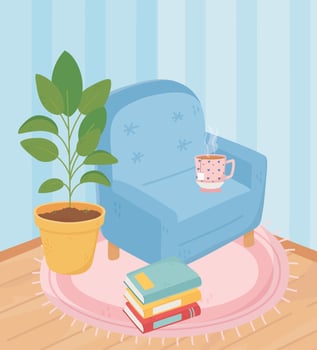 sweet home armchair with tea cup and stack of books potted plant vector