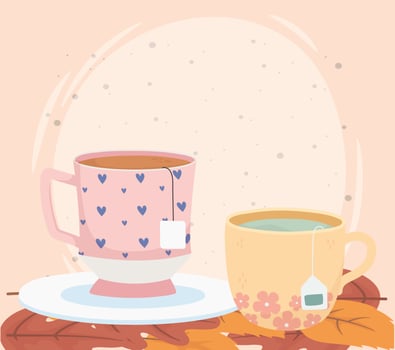 tea time, cups with tea bags leaves herbal design vector