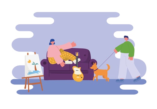 people activities, young woman sitting on sofa and man with dog in the room vector