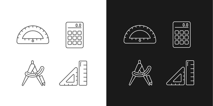 Architecture student tools linear icons set for dark and light mode. Drafting supplies. Calculator. Compass tool. Customizable thin line symbols. Isolated vector outline illustrations. Editable stroke