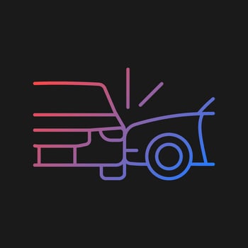 Side collision gradient vector icon for dark theme. Broadside crash. T-bone collision. Car accident. Distracted driving. Thin line color symbol. Modern style pictogram. Vector isolated outline drawing