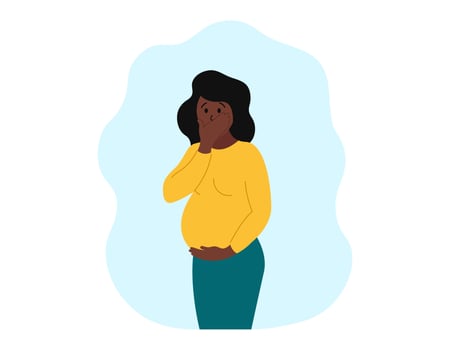 Pregnancy toxicosis. Pregnant woman suffering from nausea and vomiting. Morning sickness. Vector concept illustration