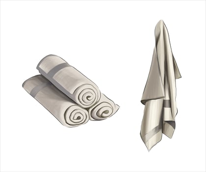 White bath textile items set. Cotton terry towels hanging, folded, stacked, rolled, color drawing, realistic. Vector illustration of paints