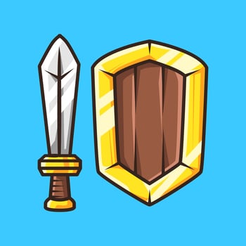 Wooden and Iron Sword and Shield in Colourful Cartoon Line Art Illustration vector
