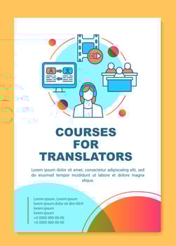 Courses for translators brochure template layout. Translator training. Flyer, booklet, leaflet print design with linear illustrations. Vector page layouts for magazines, reports, advertising posters