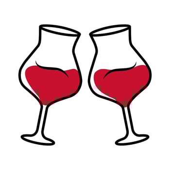 Two clinking glasses with red wine color icon. Glassfuls of alcohol beverage. Wine service. Celebration, party. Wedding. Tasting, degustation. Toast. Cheers. Isolated vector illustration
