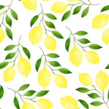 Botanical seamless pattern with branches of ripe lemons and green leaves. Watercolor hand-drawn illustration. Perfect for textile, fabrics, wrapping paper, bed linens, prints, clothing design, covers. vector