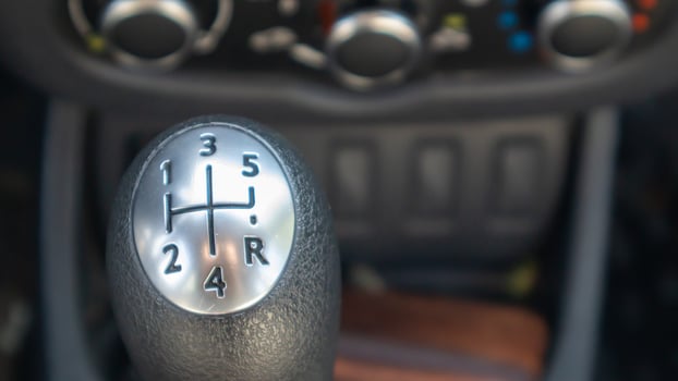 Knob for selecting the gear of a manual gearbox. Manual transmission knob in the car. Close-up of the gear shift lever. Vehicle interior. Detail of the car. photo