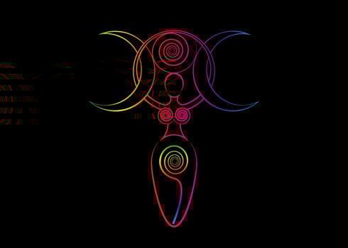 psychedelic spiral goddess of fertility and triple moon Wiccan. The spiral cycle of life, death and rebirth. Woman Wicca mother earth symbol of sexual procreation, chakra sign vector isoalted on black