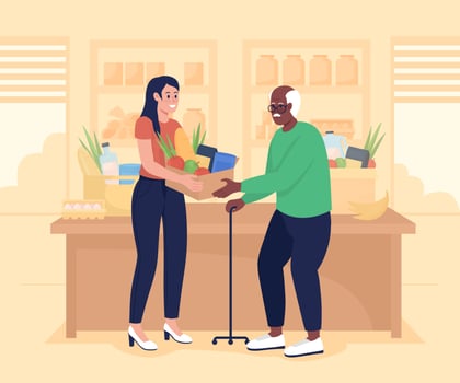 Food bank flat color vector illustration. Donating contribution to poor. Social service for elderly. Volunteer giving box of supplies to older man 2D cartoon characters with supermarket on background