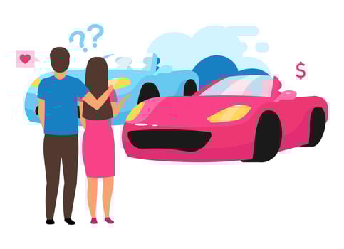 Family choosing automobile flat vector illustration. Couple doing buying decision cartoon character. Indecisive husband and wife selecting sport car, purchasing vehicle, renting car. Auto leasing