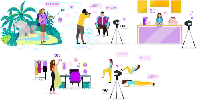 Bloggers flat vector illustrations set. Travel, fashion, sports and cooking blog. Filmmakers, influencers streaming video. Social media vlog content. Isolated cartoon character on white background
