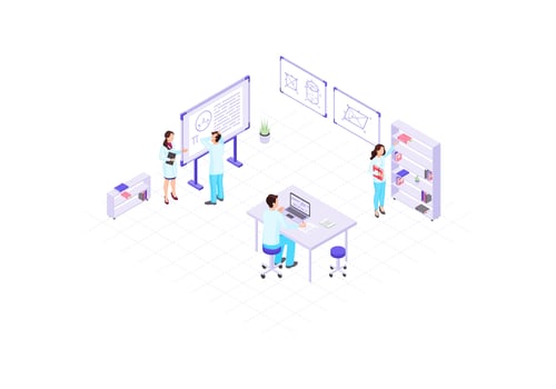 Scientists, chemists, academics, research workers isometric color vector illustration. People in white coats infographic. Scientific lab 3d concept. biochemistry, biotechnology design element