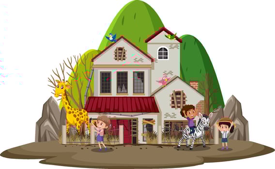Children play with animal at abandon house vector