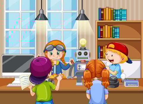 Children fixing a robot together in the room scene vector
