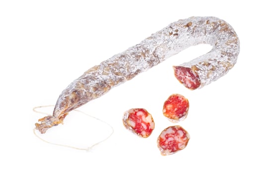 Dry-cured sausage in white mold casing. Photo