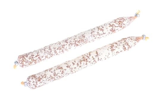 Dry-cured sausage in white mold casing. Photo