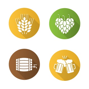 Beer flat design long shadow icons set. Hop cones, wheat ears, toasting beer glasses, alcohol wooden barrel. Vector silhouette symbols