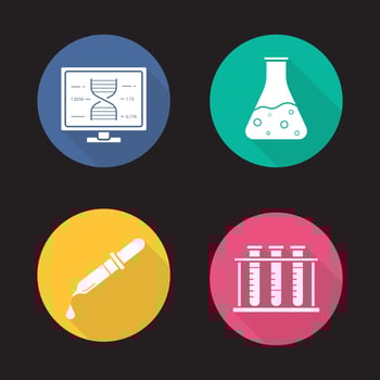 Science laboratory flat design long shadow icons set. Dna research, beaker with liquid, medical dropper, test tubes rack. Vector silhouette illustration