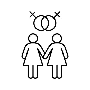 Lesbian couple linear icon. Thin line illustration. Lesbian girls with interlocked Venus signs above. Contour symbol. Vector isolated outline drawing