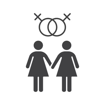 Lesbian couple icon. Silhouette symbol. Two women holding hands. Lesbian girls with interlocked Venus signs above. Negative space. Vector isolated illustration
