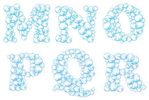 Alphabet of soap bubbles. Water suds letters m, n, o, p, q, r. Realistic vector font isolated on white background