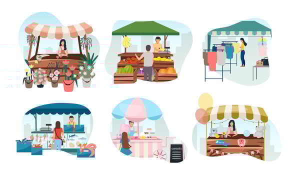 Street market stalls flat vector illustrations set. Fair, funfair trade tents, outdoor kiosks and carts with sellers. Shopping places cartoon concept. Summer festival market counters for selling goods