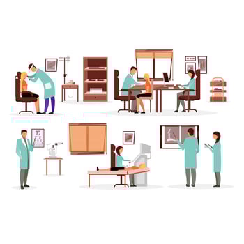 Medicine and healthcare workers flat illustrations set. Doctors, general practitioners, therapists cartoon characters. Orthopedist, otolaryngologist, ophthalmologist, sonographer examining patients vector