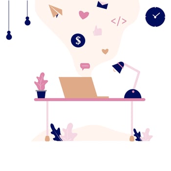 Web landing page template of working in office, co-working space. Freelance, remotely worker, self-employment, online study, online career on computer or laptop at home. Vector digital marketing.